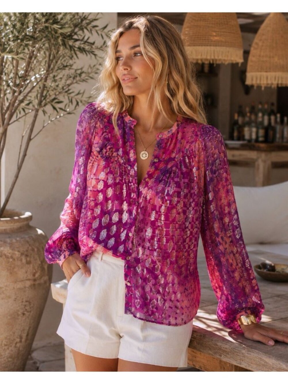 NWT Ramy Brook XXS Pink Metallic Oaklynn Balloon Sheer Sleeve Top $365 Luxury